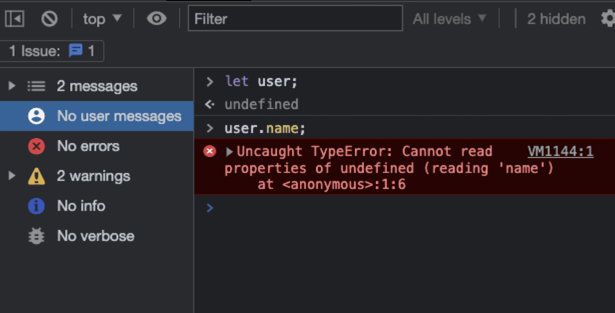 "Uncaught TypeError: Cannot read properties of undefined" screenshot from Chrome Developer Tools