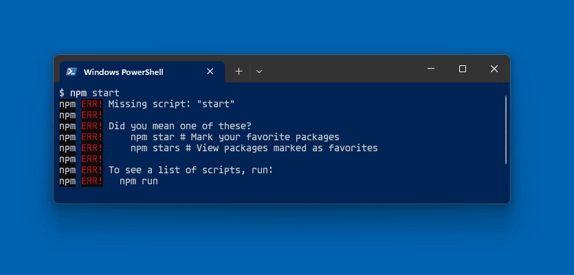 npm start npm ERR! Missing script: "start" in Windows PowerShell