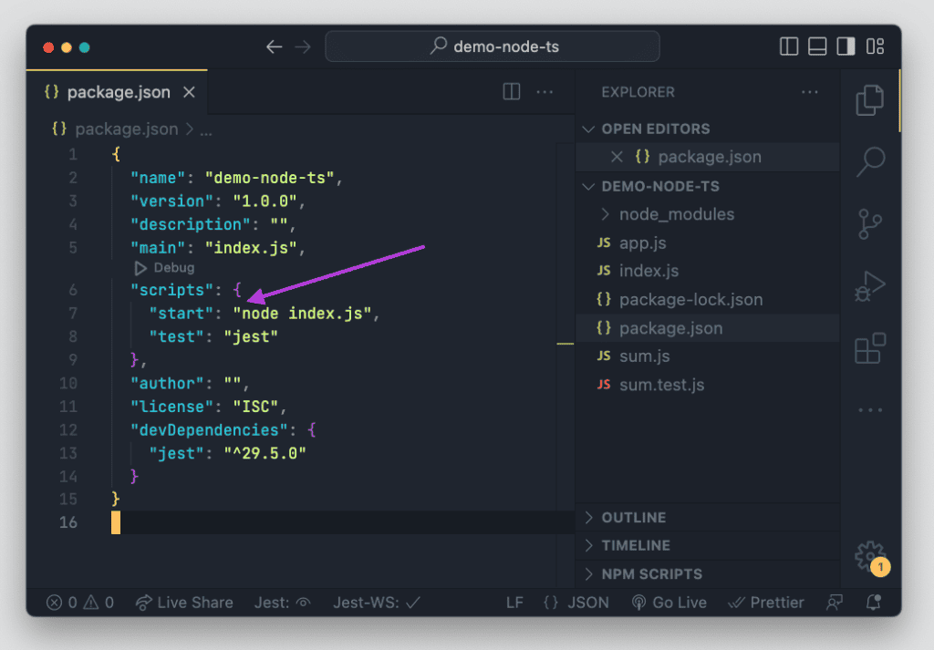 A screenshot of VS Code with a package.json file opened